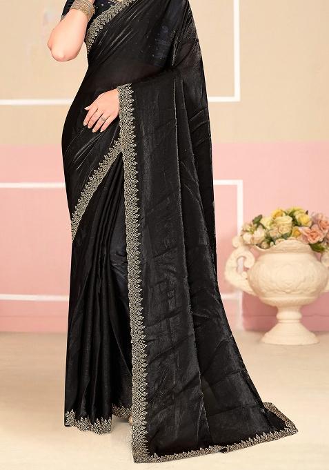 Black Zarkan Embroidered Border Two Tone Silk Saree Set