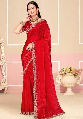 Red Zarkan Embroidered Border Two Tone Silk Saree Set