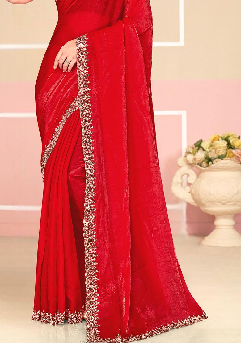 Red Zarkan Embroidered Border Two Tone Silk Saree Set
