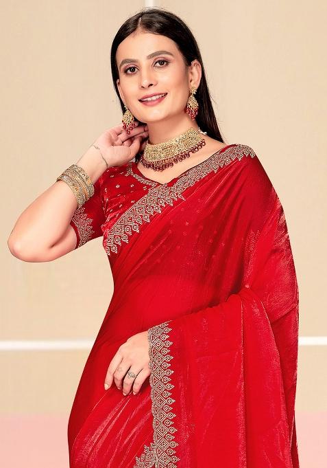 Red Zarkan Embroidered Border Two Tone Silk Saree Set