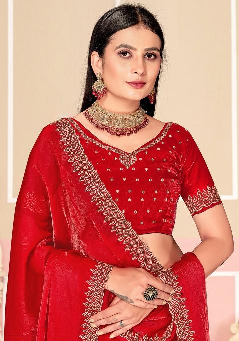 Red Zarkan Embroidered Border Two Tone Silk Saree Set