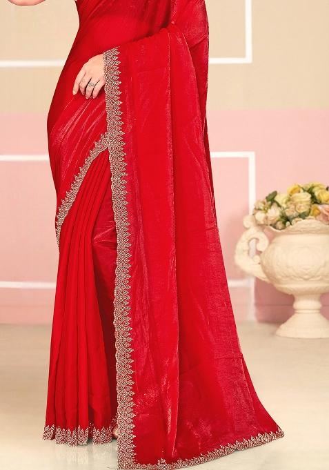 Red Zarkan Embroidered Border Two Tone Silk Saree Set