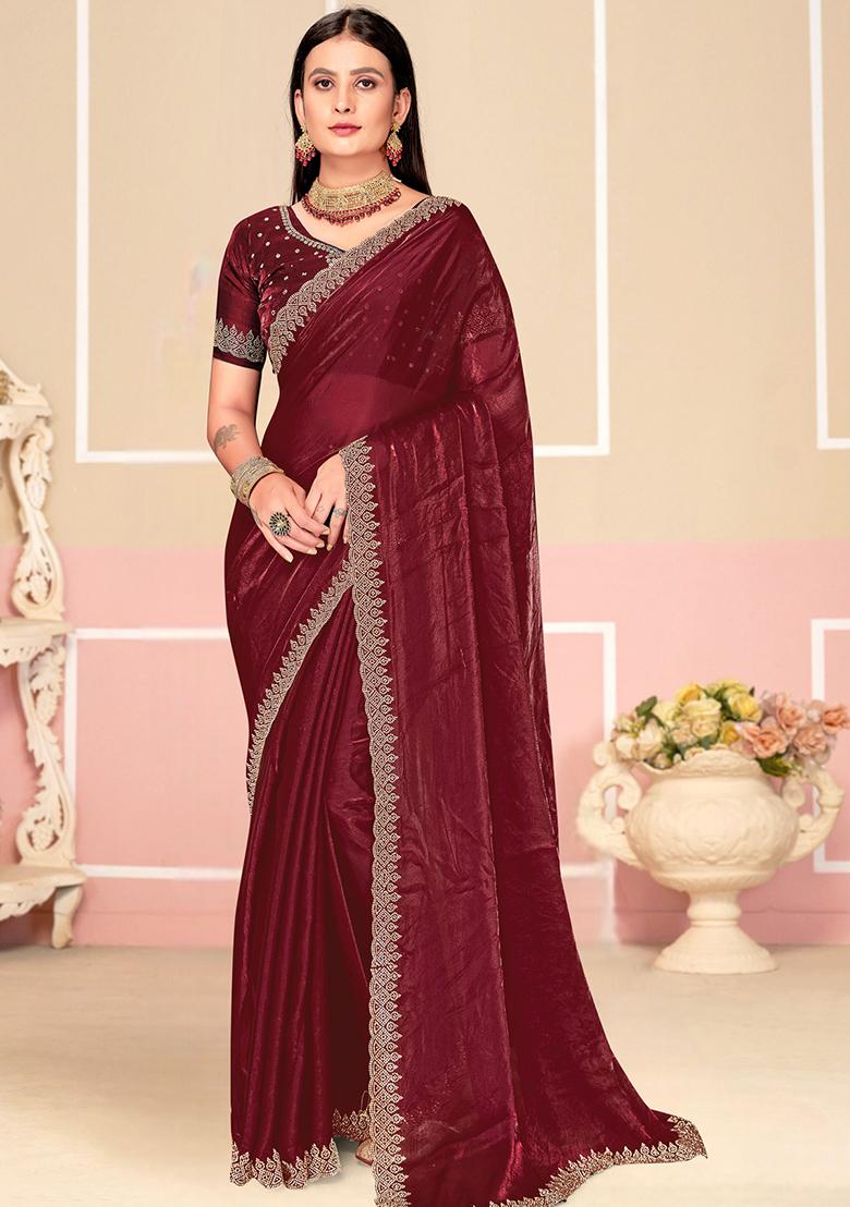 Wine Zarkan Embroidered Border Two Tone Silk Saree Set