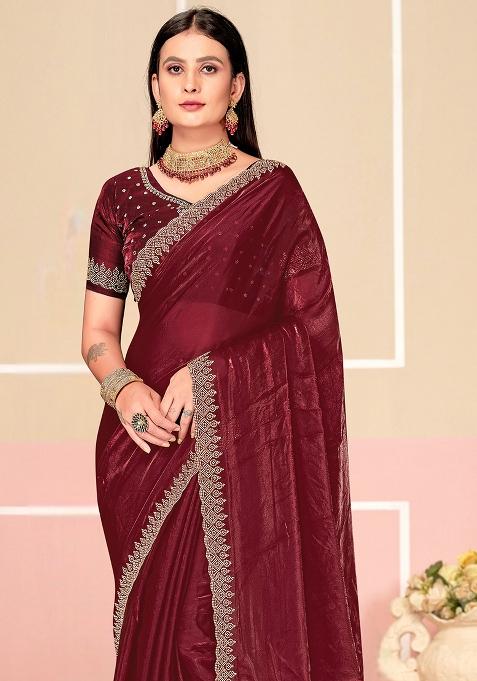 Wine Zarkan Embroidered Border Two Tone Silk Saree Set