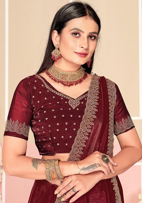 Wine Zarkan Embroidered Border Two Tone Silk Saree Set