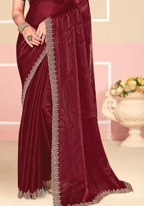 Wine Zarkan Embroidered Border Two Tone Silk Saree Set