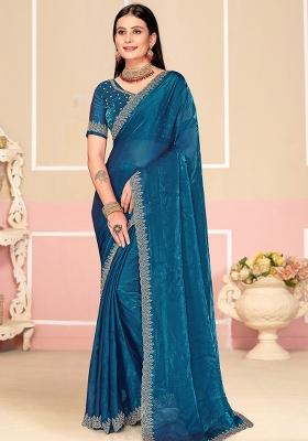 Teal Blue Zarkan Embroidered Border Two Tone Silk Saree Set
