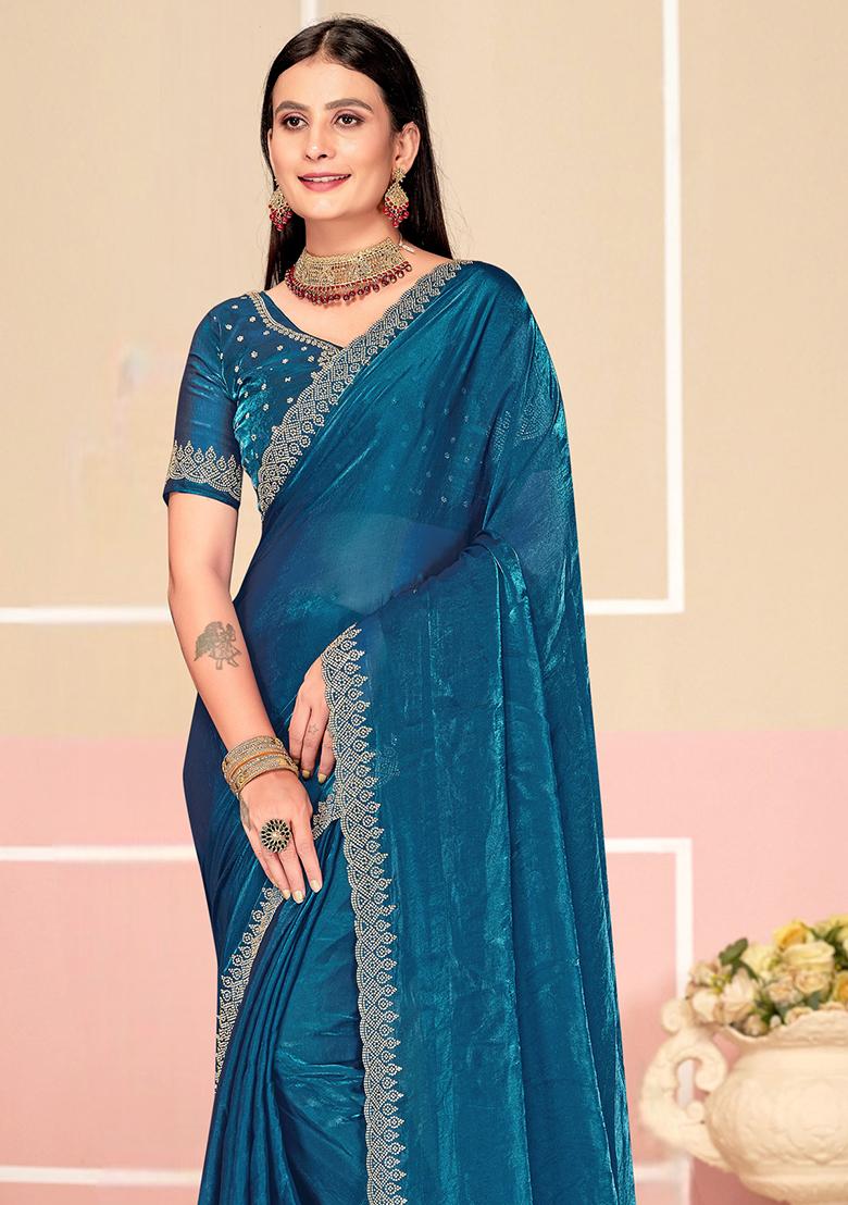 Teal Blue Zarkan Embroidered Border Two Tone Silk Saree Set