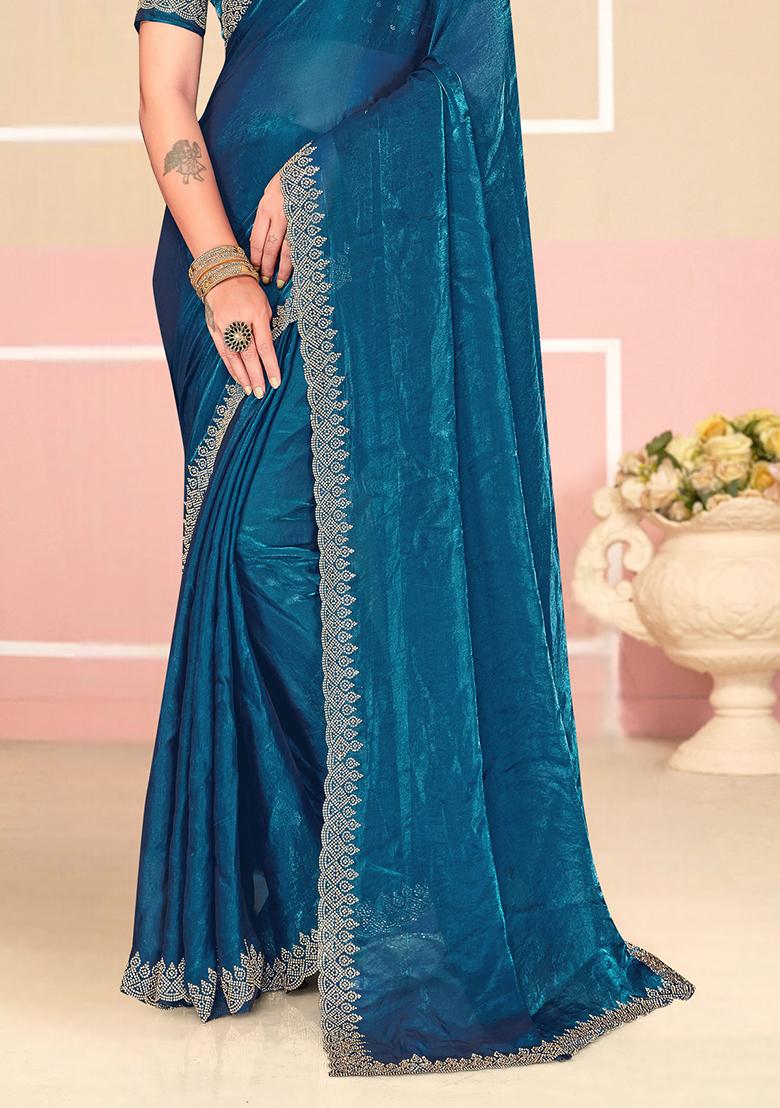 Teal Blue Zarkan Embroidered Border Two Tone Silk Saree Set