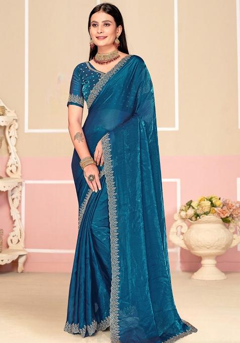 Teal Blue Zarkan Embroidered Border Two Tone Silk Saree Set