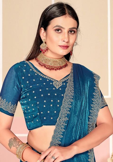 Teal Blue Zarkan Embroidered Border Two Tone Silk Saree Set
