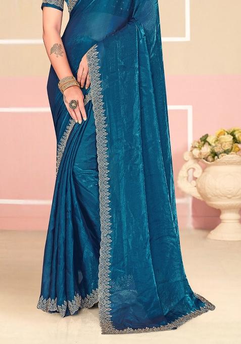 Teal Blue Zarkan Embroidered Border Two Tone Silk Saree Set