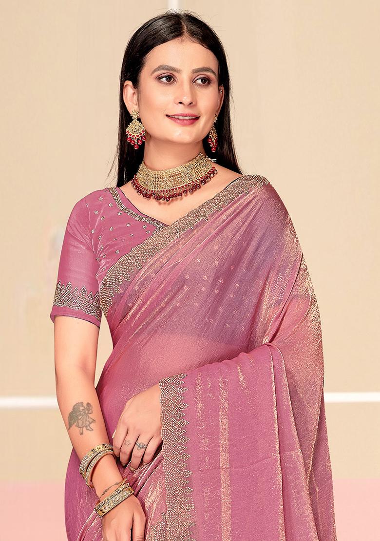Pink Zarkan Embroidered Border Two Tone Silk Saree Set