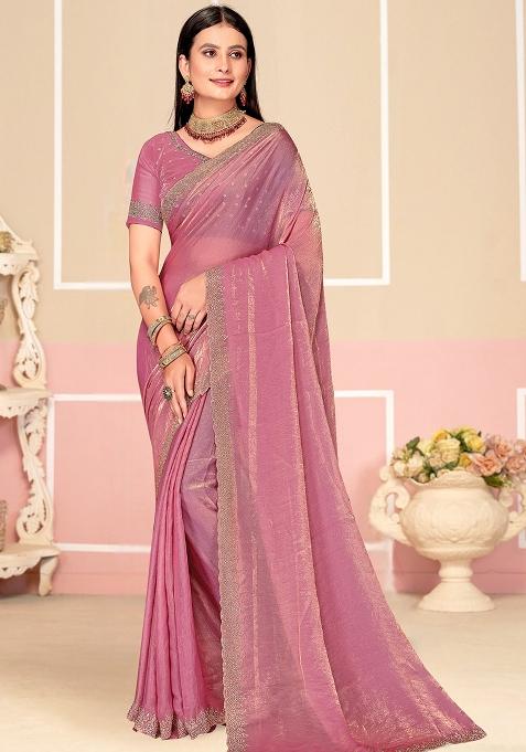 Pink Zarkan Embroidered Border Two Tone Silk Saree Set