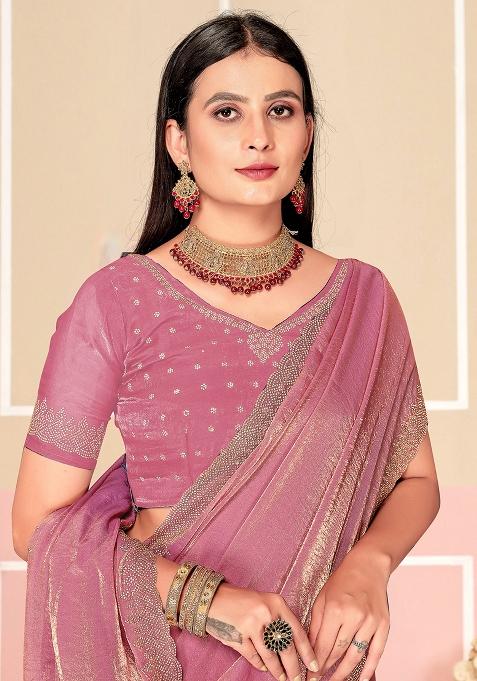 Pink Zarkan Embroidered Border Two Tone Silk Saree Set