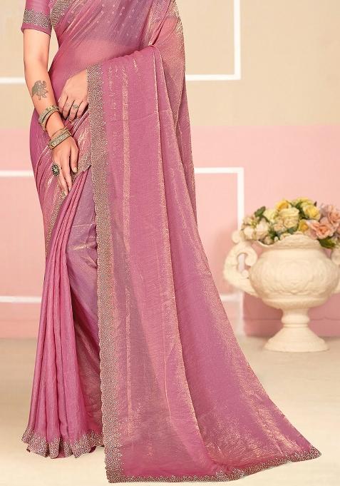Pink Zarkan Embroidered Border Two Tone Silk Saree Set
