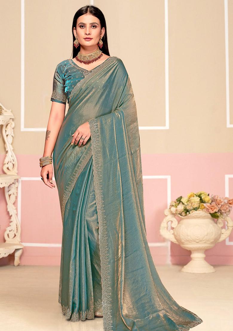 Turquoise Zarkan Embroidered Border Two Tone Silk Saree Set
