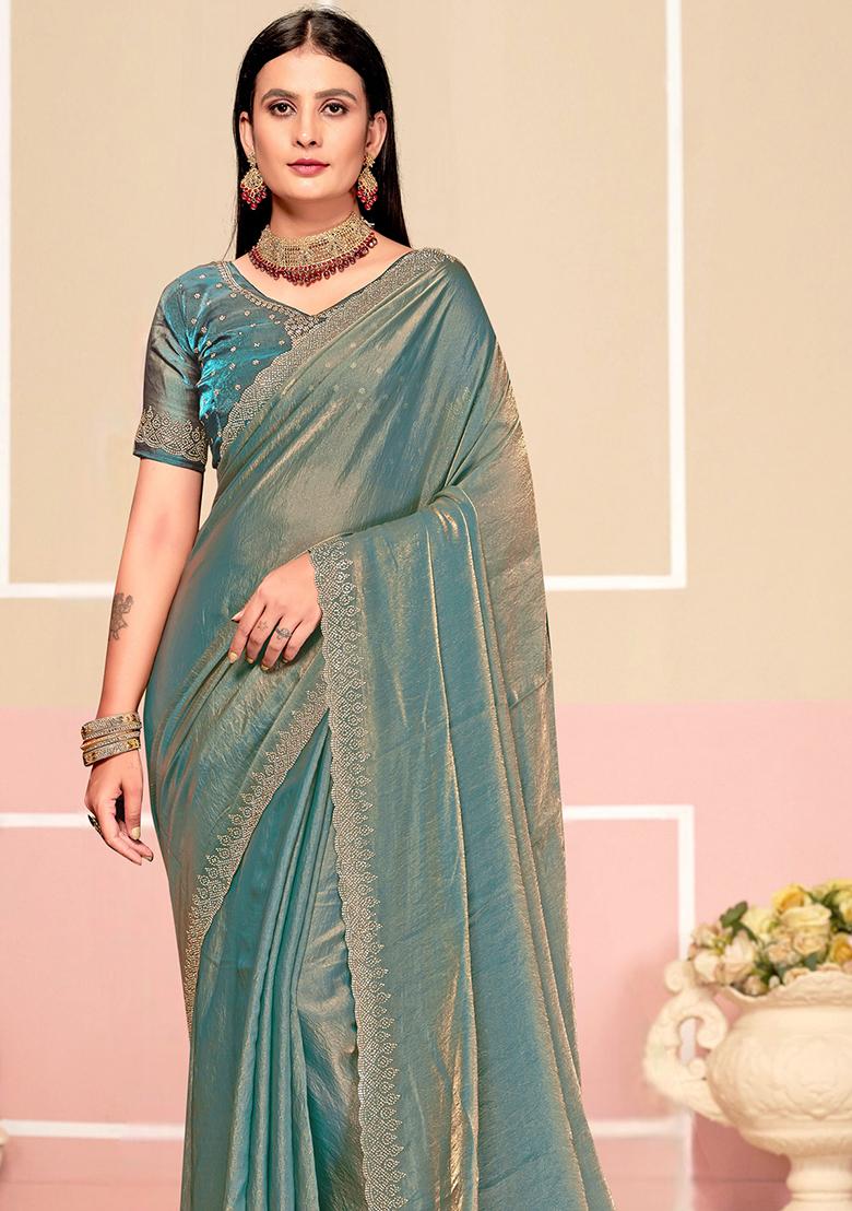 Turquoise Zarkan Embroidered Border Two Tone Silk Saree Set