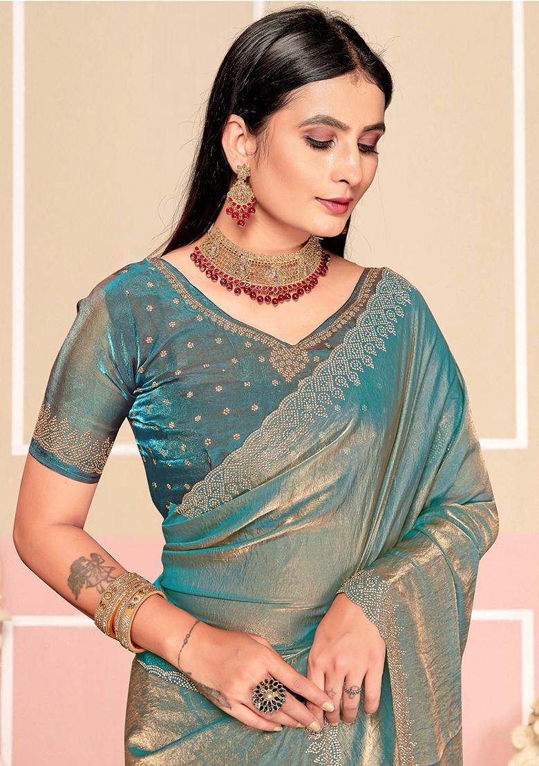 Turquoise Zarkan Embroidered Border Two Tone Silk Saree Set