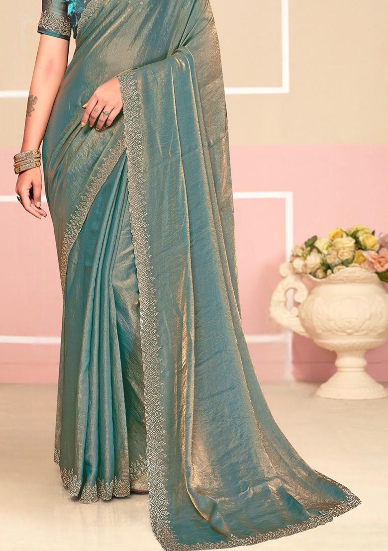 Turquoise Zarkan Embroidered Border Two Tone Silk Saree Set