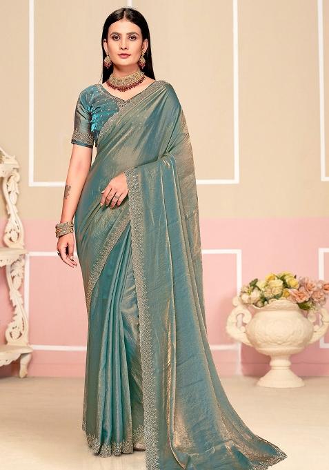 Turquoise Zarkan Embroidered Border Two Tone Silk Saree Set