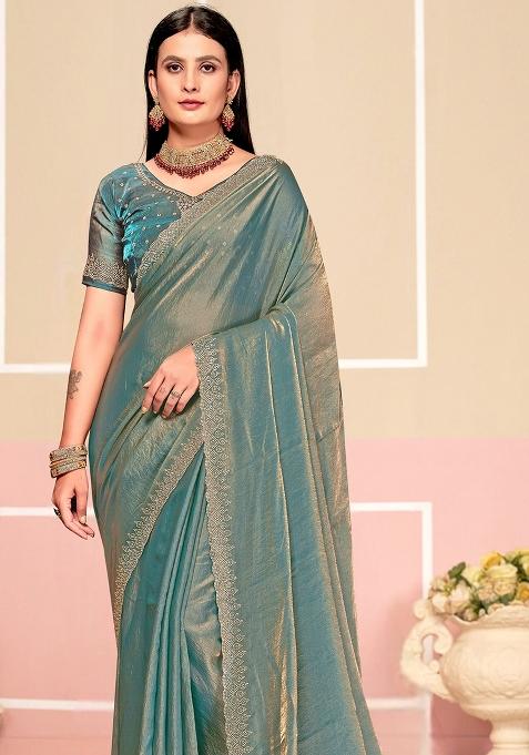 Turquoise Zarkan Embroidered Border Two Tone Silk Saree Set