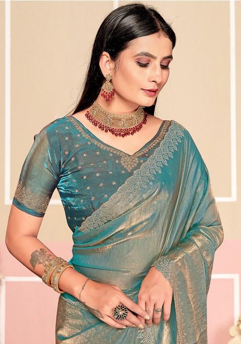 Turquoise Zarkan Embroidered Border Two Tone Silk Saree Set