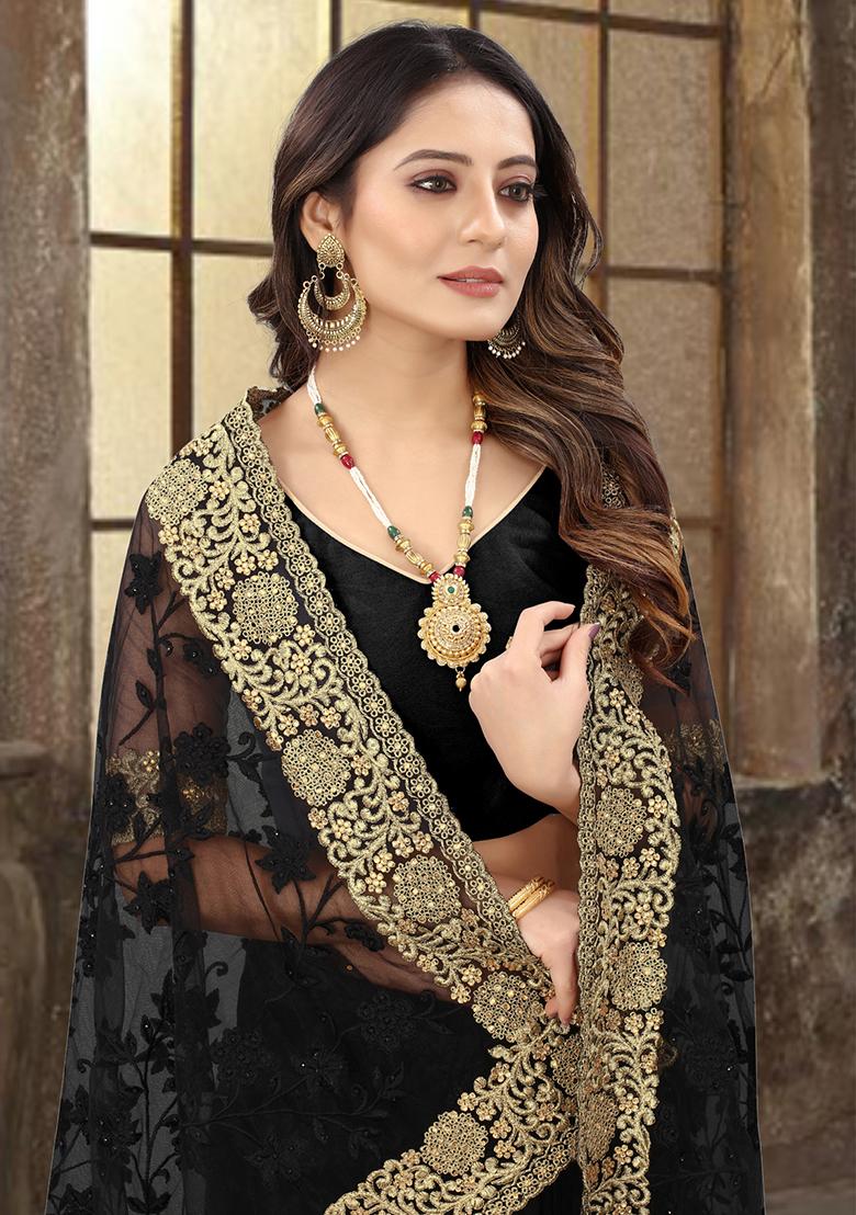 Black Sequin Zari Stone Border Net Saree Set