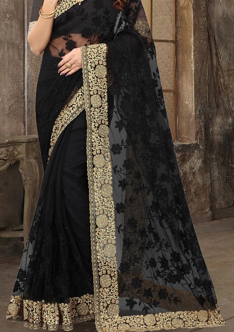 Black Sequin Zari Stone Border Net Saree Set - Indya