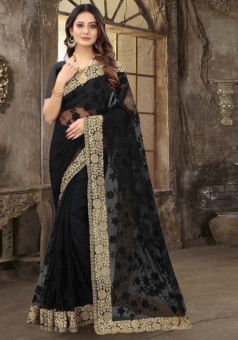 Black Sequin Zari Stone Border Net Saree Set