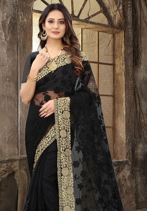Black Sequin Zari Stone Border Net Saree Set