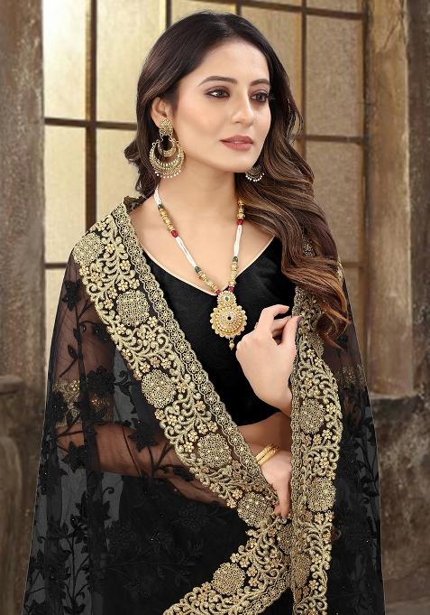 Black Sequin Zari Stone Border Net Saree Set