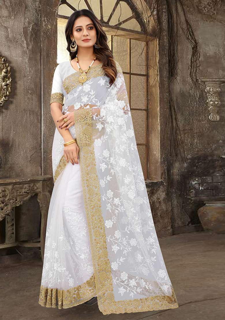 White Sequin Zari Stone Border Net Saree Set for Diwali and Festive Wear - Indya