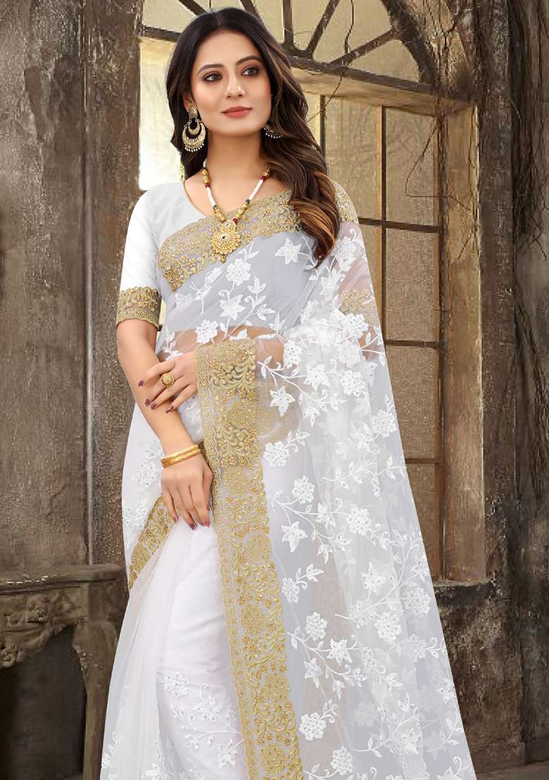 White Sequin Zari Stone Border Net Saree Set for Diwali and Festive Wear - Indya
