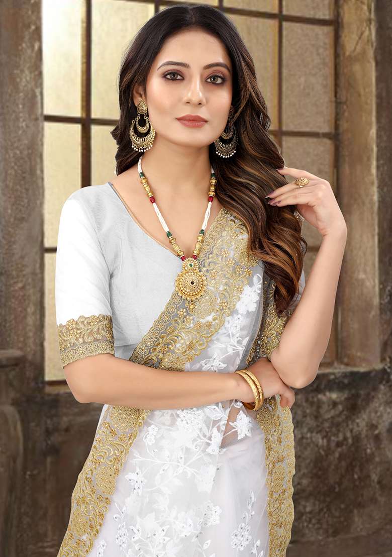 White Sequin Zari Stone Border Net Saree Set for Diwali and Festive Wear - Indya