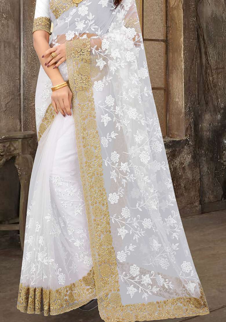 White Sequin Zari Stone Border Net Saree Set for Diwali and Festive Wear - Indya