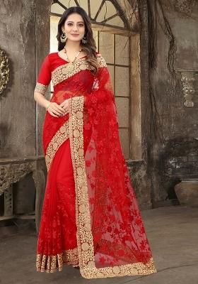 Red Sequin Zari Stone Border Net Saree Set
