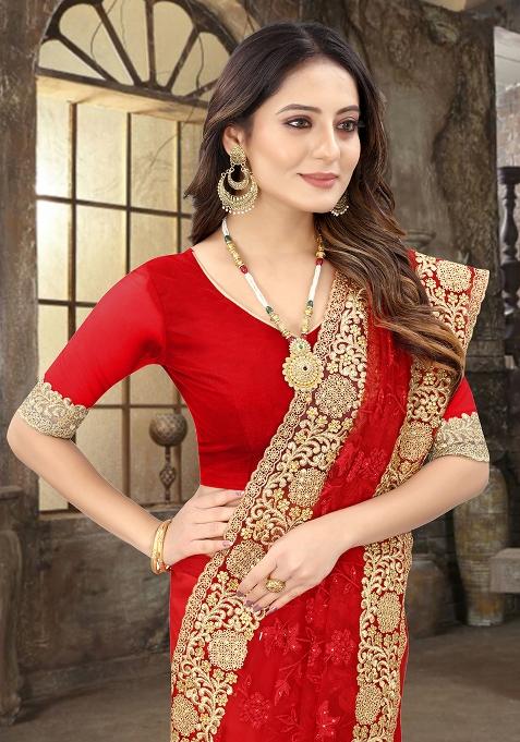 Red Sequin Zari Stone Border Net Saree Set