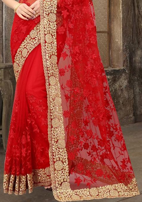 Red Sequin Zari Stone Border Net Saree Set