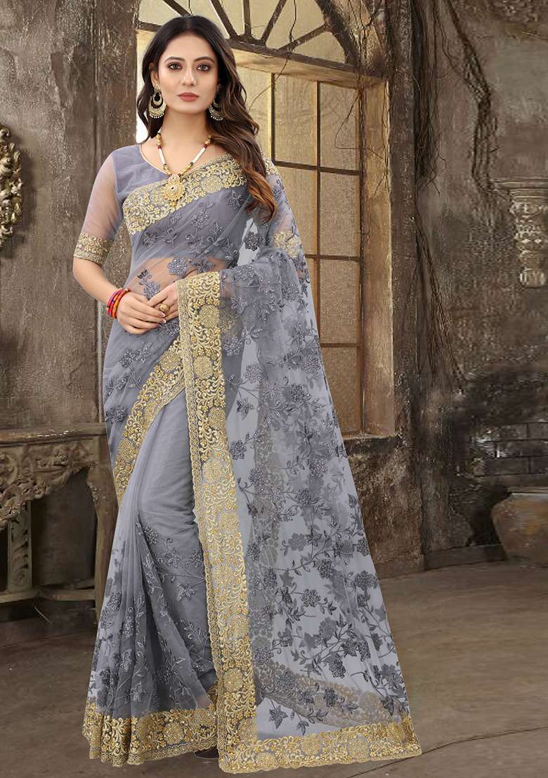 Grey Zari Stone Border Net Saree Set with Sequin for Diwali | Wedding & Festive Wear - Indya
