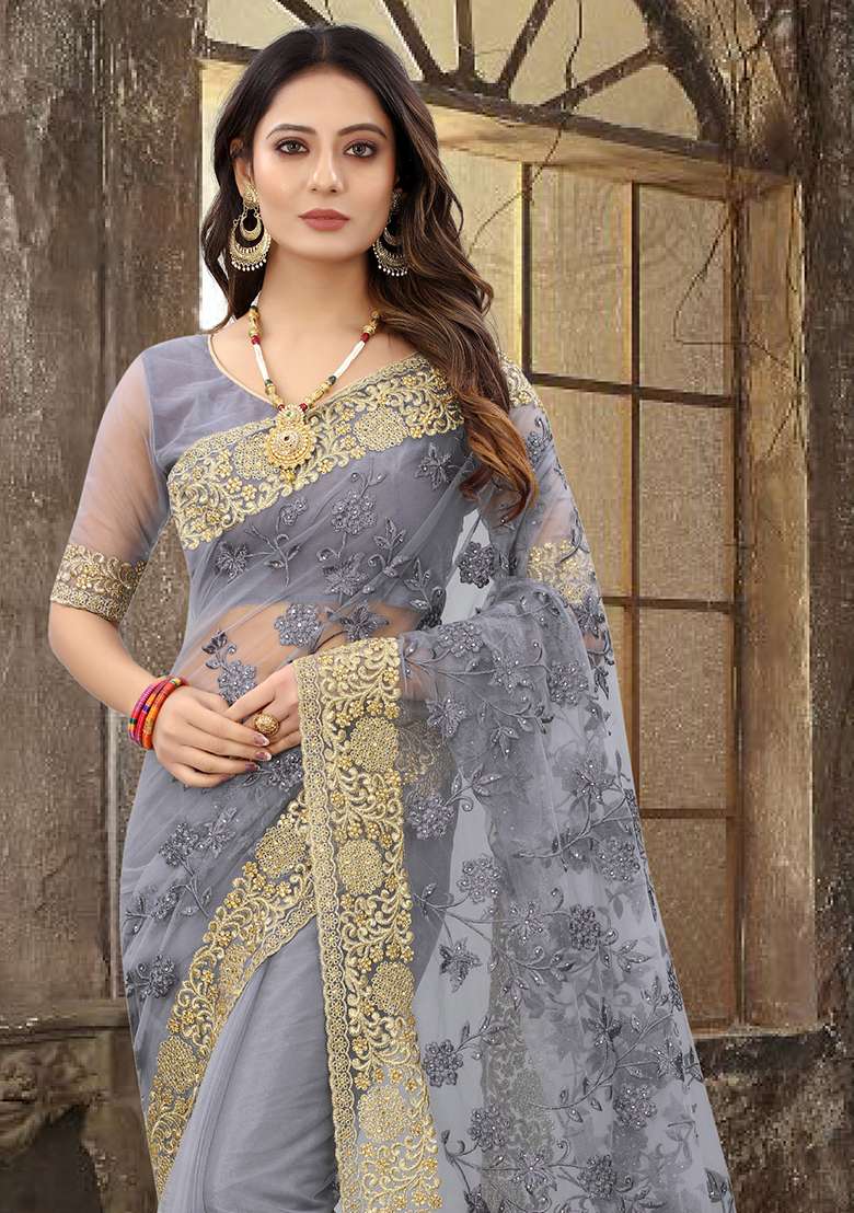 Grey Zari Stone Border Net Saree Set with Sequin for Diwali | Wedding & Festive Wear - Indya