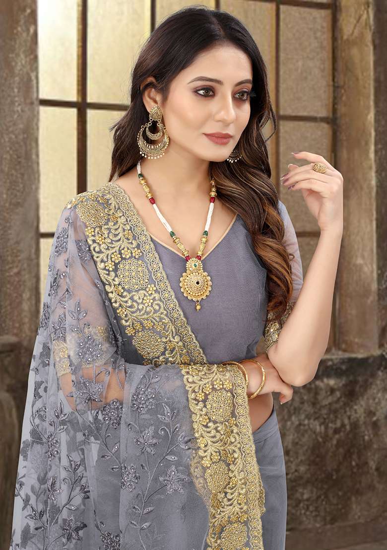 Grey Zari Stone Border Net Saree Set with Sequin for Diwali | Wedding & Festive Wear - Indya