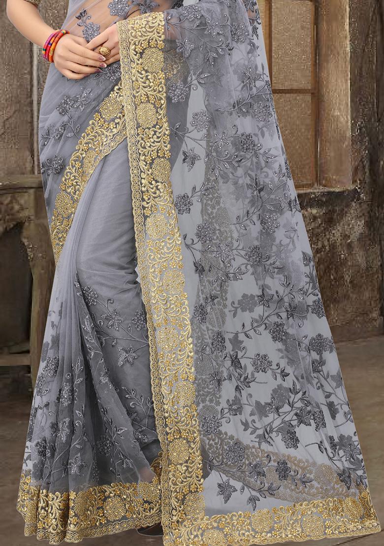 Grey Sequin Zari Stone Border Net Saree Set - Indya