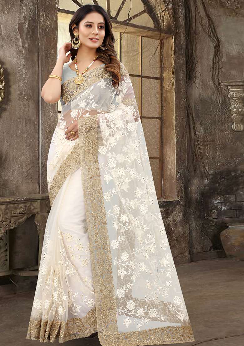 Cream Zari Stone Border Net Saree Set with Sequin for Diwali | Wedding & Festive Wear - Indya