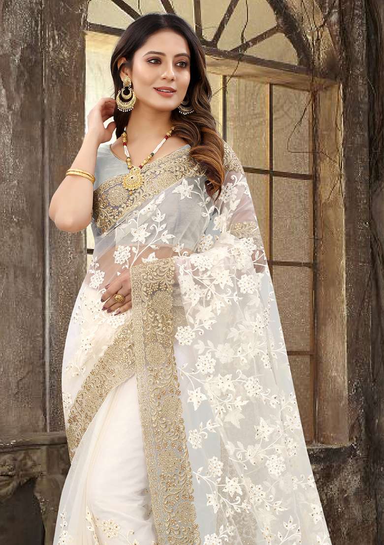 Cream Zari Stone Border Net Saree Set with Sequin for Diwali | Wedding & Festive Wear - Indya