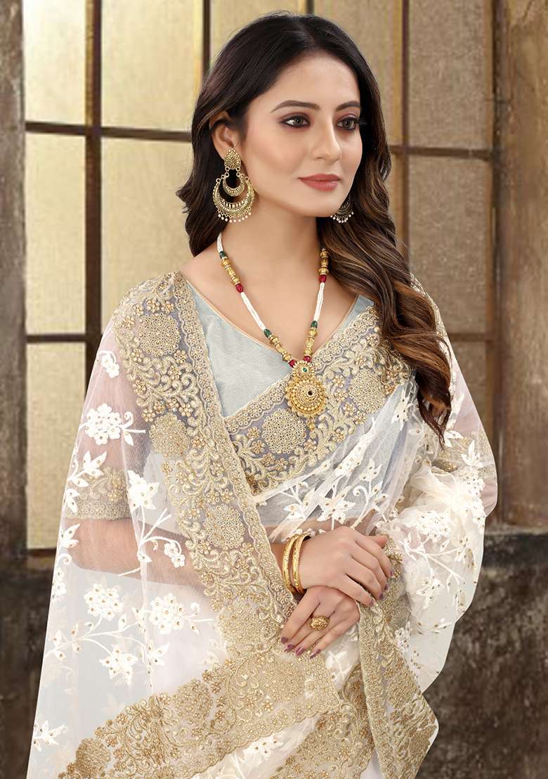 Cream Zari Stone Border Net Saree Set with Sequin for Diwali | Wedding & Festive Wear - Indya