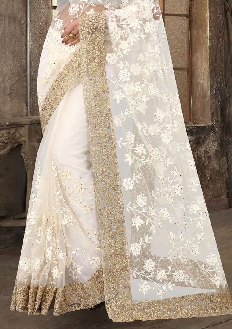 Cream Zari Stone Border Net Saree Set with Sequin for Diwali | Wedding & Festive Wear - Indya