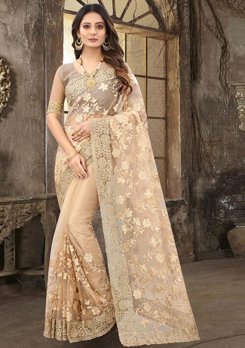 Beige Sequin Zari Stone Border Net Saree Set