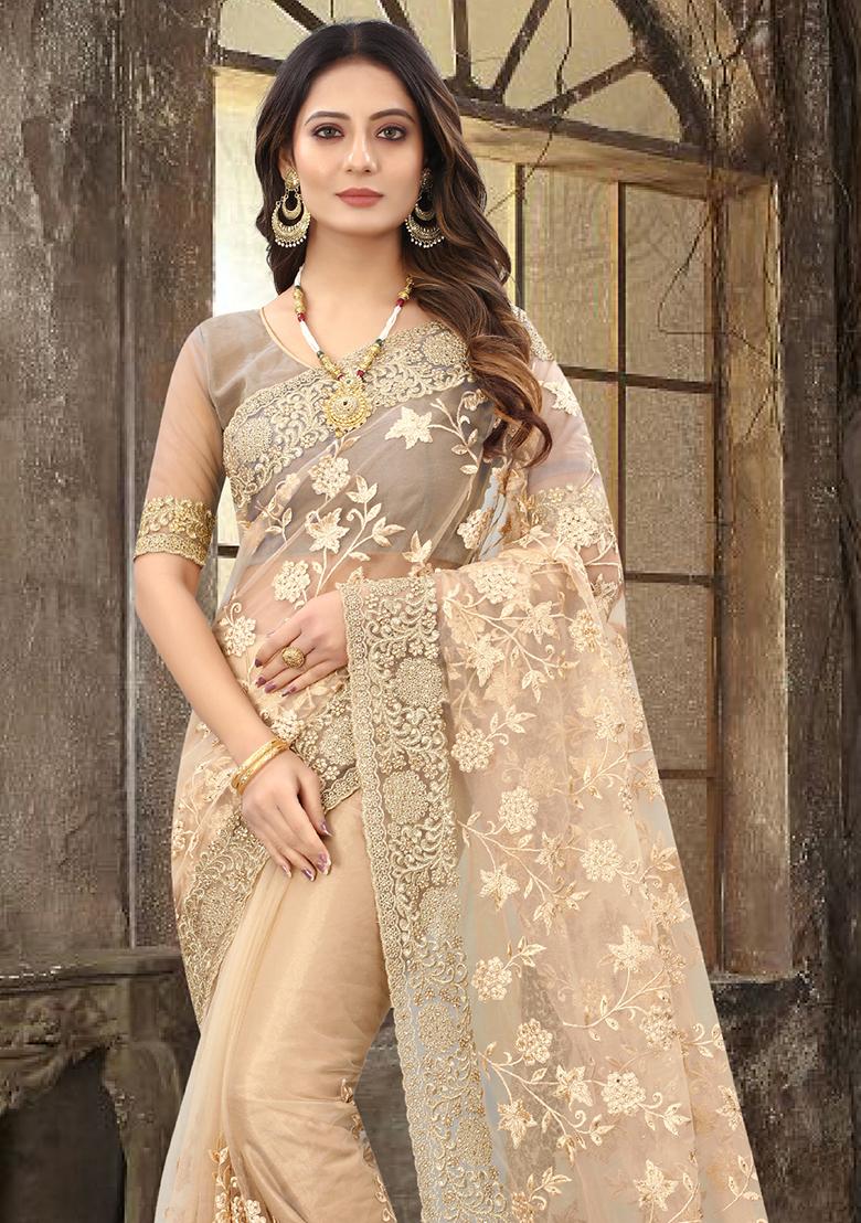 Beige Sequin Zari Stone Border Net Saree Set