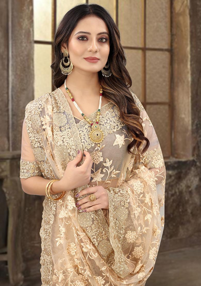 Beige Sequin Zari Stone Border Net Saree Set